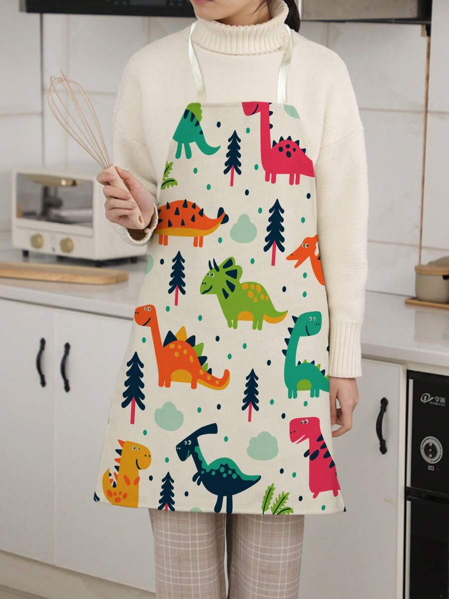 1件可爱卡通恐龙图案单面印花围裙，男女通用成人围兜式围裙，带挂脖和系带，适用于家庭、厨房、烹饪，防水防污 - 彩色 - 查看 1