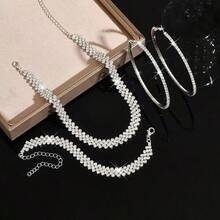 女士时尚项链、耳环、手链首饰套装，菱形图案，优雅百搭，适合派对、新娘、婚礼季佩戴 - 銀色 - 查看 3