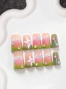 10pcs Dreamy Handmade Nail Art Set, Including Colorful Rhinestone Nail Decorations, Star Nail Stickers, Green/Pink/White Nail Polish, Sweet & Fresh Style, With Nail Tools (1 Jelly Sticker + 1 Nail File). Available In 3 Sizes: Almond, Duck Mouth, Coffin. Suitable For Parties, Daily Wear, Parties, Photo Shoots, Spring/Summer Commute Press On Nails - Multicolor - View 12