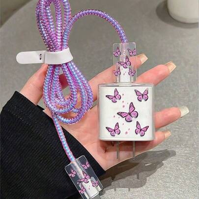 5pcs Purple Flying Design 20W/18W Phone Charger Set, Charging Cable Protector, Charging Head Protector Case, Compatible With IPhone 11 12 13 14 15 16 17