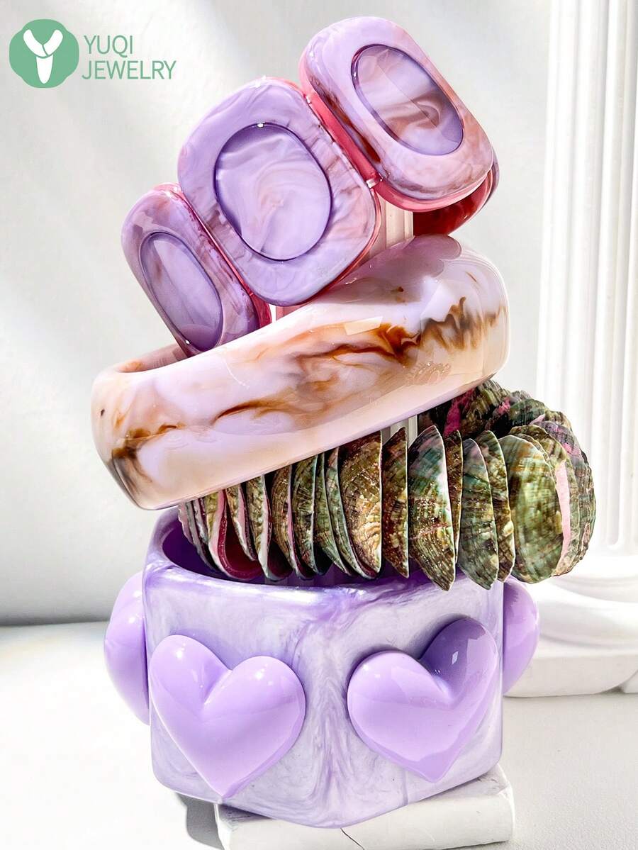 1件夸张宽版撞色树脂手链，紫色和黑色相间，贝壳装饰，时尚百搭的日常配饰 - 多色B - 查看 1