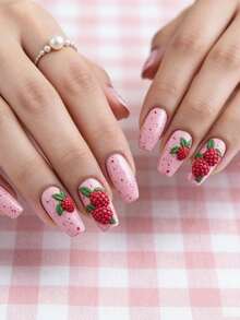 24 miếng dán móng tay họa tiết trái cây cỡ vừa-dài, móng giả chấm bi hồng kiểu dáng ngọt ngào, hình vuông, thích hợp sử dụng hàng ngày, dự tiệc, du lịch, làm móng tiện lợi. - Màu Hồng  Dưa hấu - Xem 2