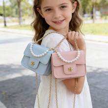 1个女童油性PU山茶花磁扣时尚珍珠手提包，配链条肩带，适合日常四季使用 - A - 查看 2