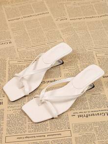 Square Toe High Heel Thong Sandals For Women, Black One-Piece Summer Flip Flops - White - View 3