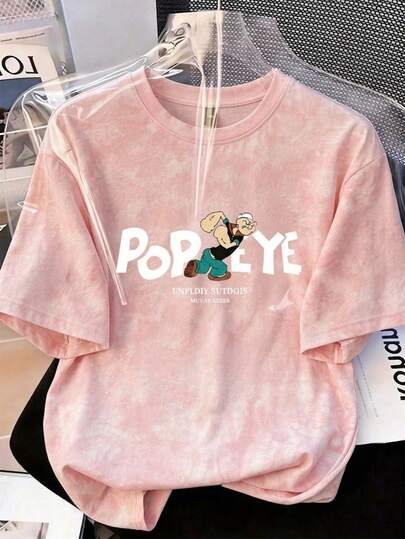 Vintage Pink Tie-Dye Cartoon Pattern Loose T-Shirt, Y2K Style Sweet Girl Vibe, Retro Cartoon Slogan Top, Soft Casual Tee, Suitable For Cartoon Fans And Daily Wear, Kidcore Aesthetic Summer