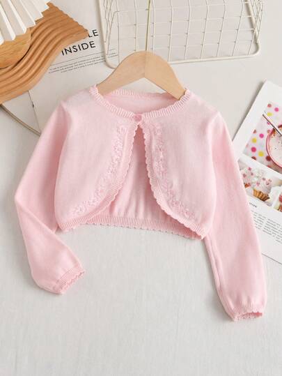 新生女婴休闲针织开衫，纯色蕾丝刺绣单排扣短款披肩外套，春夏秋季