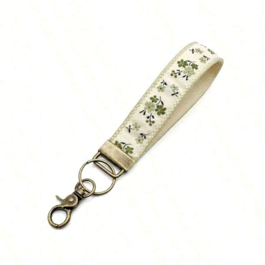 Boho Embroidered Wristlet Keychain Women - Cute Floral Fabric Chain Lanyard - 綠色 - 查看 1