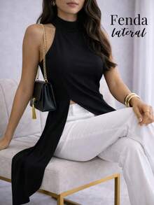 Women's Longline Blouse With Asymmetrical Side Cutout, High Neck, Elegant, Flowy, Modern - 黑色 - 查看 5