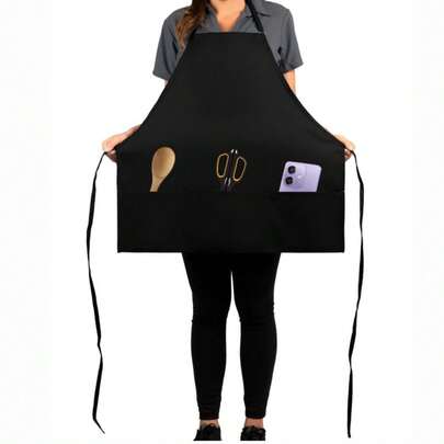 1件经典黑色围裙，简约多功能黑色围裙，可调节，三个大口袋，男女通用，适用于厨房、餐厅、烹饪、烧烤，餐饮行业厨师防护服，服务员围裙工作围裙批发