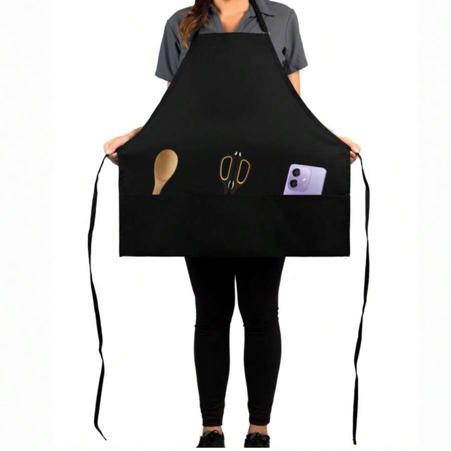 1件经典黑色围裙，简约多功能黑色围裙，可调节，三个大口袋，男女通用，适用于厨房、餐厅、烹饪、烧烤，餐饮行业厨师防护服，服务员围裙工作围裙批发 - 黑色 - 查看 1