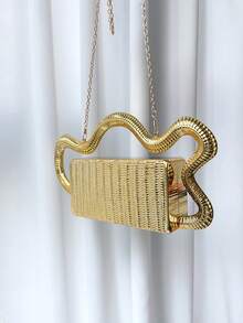 1个条纹3D金属链条斜挎包，优雅派对/宴会手拿包，奢华金色晚宴手提包 - 金色 - 查看 12