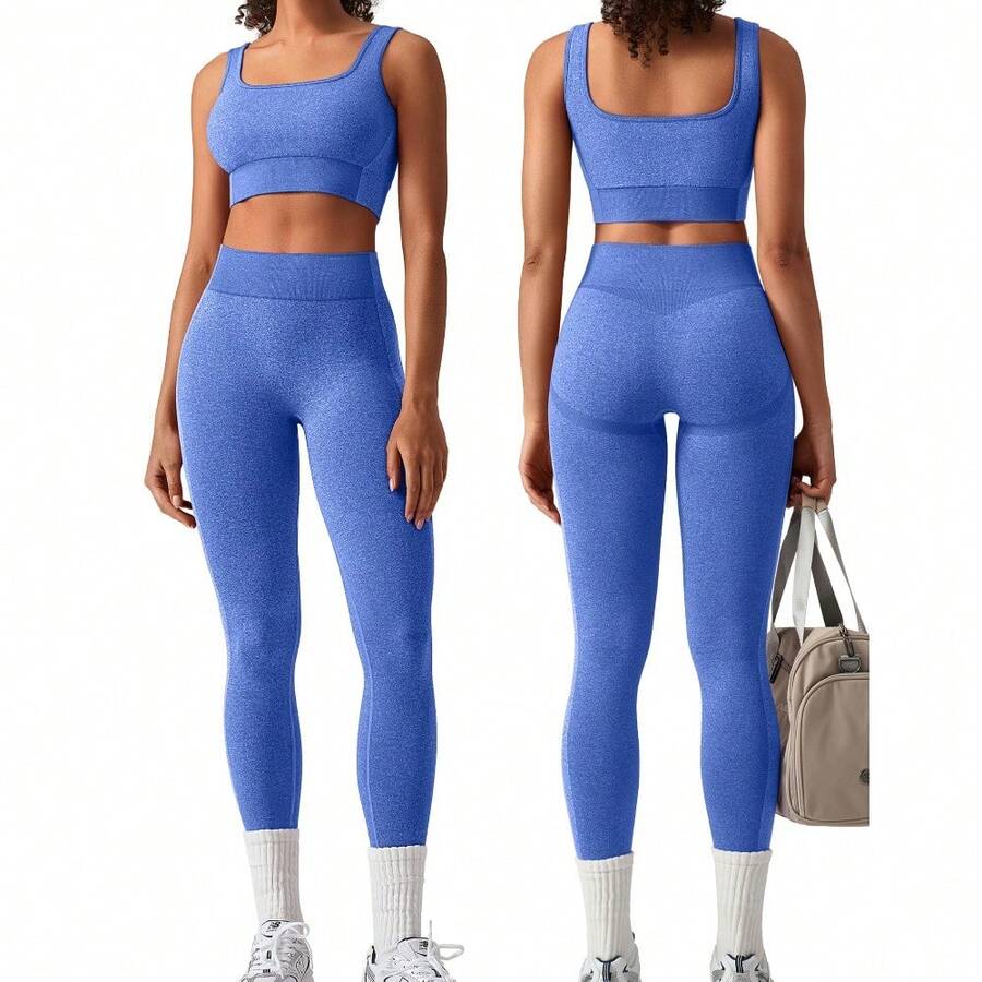 OLCHEE Womens Workout Sets 2 Piece Seamless Square Neck Sports Bra Padded Butt Lifting Leggings High Waist Yoga Gym Outfits - Light Blue - 查看 1