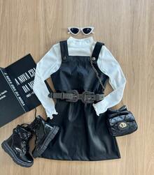 Girls' Outfit Set - Blogger Style - Faux Leather Jumpsuit With Blouse - Black - View 6