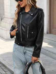 Áo khoác ngắn kiểu biker giả da dành cho nữ - Đen tối - Xem 6