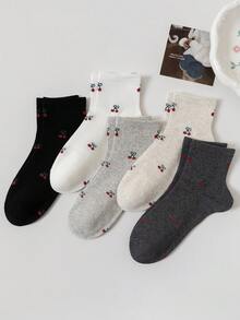 5 Pairs Cherry Print Socks For Women, Thin Fashionable Short Socks With Full Coverage Fruit Cherry Pattern, Soft Breathable Non-Binding White Student Socks, Versatile Must-Have (Random Color) - Multicolor - View 4
