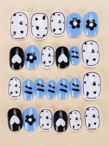 24pcs Kids Short Square Embossed Nail Stickers, Featuring White, Light Blue And Solid Black Contrast Colors, Paired With Simple Cute Patterns Like Hearts, Small Flowers And Polka Dots, Vibrant And Design Specially For Children Kids Nails - Multicolor - View 4