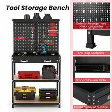 COSTWAY Workbench With Pegboard, Multi-Use Workbench With 2 Tires Of Shelves, Topping Space, Drawer, Robust Metal Frame, Heavy-Duty Work Table Tool Storage Bench For Workshop, Warehouses, Basement, Blue/Red - B - 查看 2