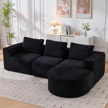 Canapé deux places confortable de 265 cm de large avec trois coussins (coussins en plumes + deux porte-gobelets en plastique), idéal pour les petits salons, appartements et bureaux. - Noir - Voir 2