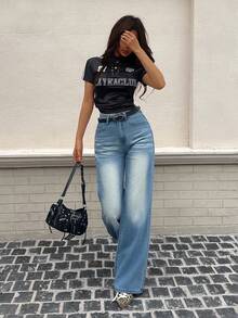 Women's High Waist Straight Leg Jeans, Non-Stretch, Personalized Washed & Distressed - Light Wash - View 3