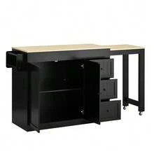 Kitchen Island On Wheels, Extendable Kitchen Island With Dining Area, Spice Rack And Drawers, Independent Mobile Kitchen Island, Ideal For Kitchen And Dining Room (White). - Black - View 9