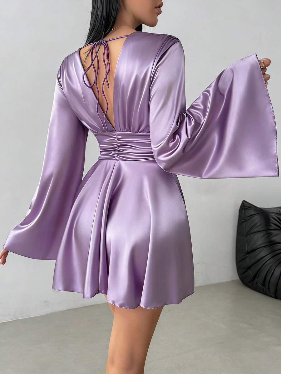 Elegant V-Neck Backless Long Sleeve Ruffle Twist Bodycon Mini Dress, Versatile & Slimming Party - Mauve Purple - View 1