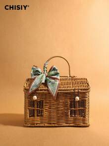 Original Handmade New Style Forest Style Girl Atmosphere Rattan Woven Box Bag Small House Shape Green Silk Scarf Bow Can DIY Handbag New Year's Gift - Brown - View 3
