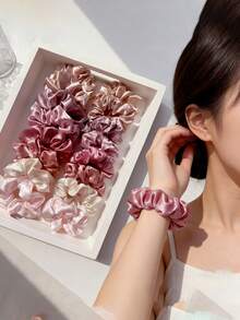 16pcs Gradient Pink-Brown Satin Scrunchies, Smooth Fabric With Luxurious Sheen, Delicate Dried Rose Color Matching Versatile Outfits, High Elasticity , Retro Bun Shaper Design, Easy To Create Messy Ponytail, Chic Half-Up Hairstyles, Suitable For Daily Commute, School, Hangout With Friends, Holiday Trips, Office Wear And More Travel Accessories - Multicolor - View 2