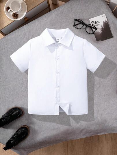 Young Boy Classic Casual School Style White Short Sleeve Formal Shirt, Suitable For Celebrations, Gatherings, Performance