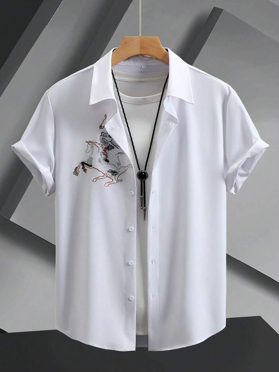 Men's Embroidered Short Sleeve Casual Shirt, Spring/Summer - White - View 1
