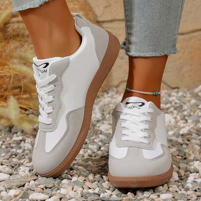 Contrast Color Casual Canvas Sneakers, Korean Fashion Lace-Up Flat Shoes, Student Versatile Commuting Women's Shoes, Soft Bottom Comfortable Lightweight Athletic Shoes, Unique Color Block Design, Retro College Style Women's Shoes