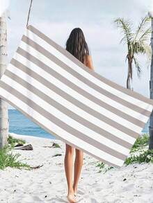 One Neutral Striped Beach Towel, Large In Size, Incredibly Soft And Quick To Dry. Timeless And Straightforward, Perfect For The Beach, Camping, And Yoga. Essential For Those Who Appreciate Minimalism. - Grayish White - View 10