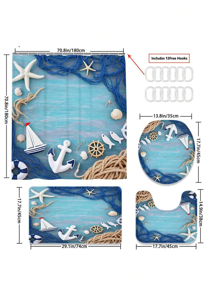 这款四分之一件套浴室浴帘套装，以海洋主题的海星和锚图案为特色。风格：清新海岸/航海/休闲自然 - 防水。套装包含12个挂钩，以及配套的马桶盖套、浴室地垫和地毯。采用优质塑料面料制成，可水洗且防霉。是节日庆典、家居装饰、卧室、度假风格生活空间和夏季主题室内装饰的理想之选。 - 多色 - 查看 14