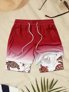 Pantalones cortos de playa casuales con estampado de tortugas y forro para hombre - Rojo - Ver 2