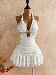 White Halter Twist Bodycon Mini Dress, Metal Accessories, Shell Decor, Beach Resort Vacation, Summer Outfit,White Dresses For Women - Black - View 10