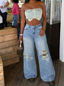 Quần jeans nữ ống rộng cạp thấp màu xanh dương dáng suông, túi xéo, kiểu dáng thường ngày, thích hợp cho mùa xuân. - Màu xanh lam - Xem 2