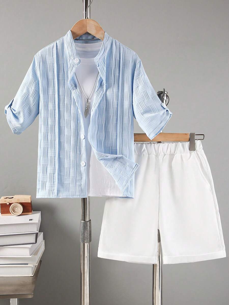 男童袖口翻边单排扣衬衫和短裤休闲套装 - 淺藍色 - 查看 1
