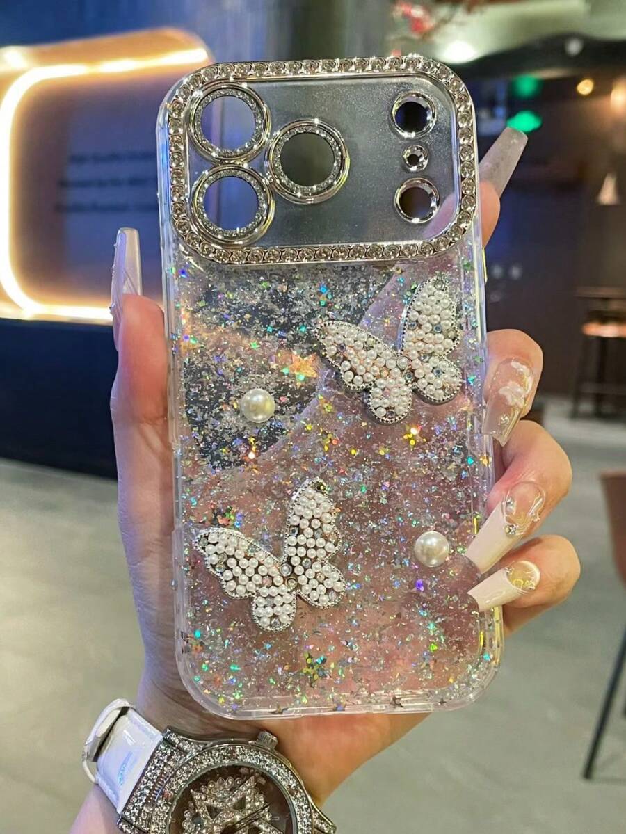 Pearl 3D Pearl Butterfly Apple 16 ProMax Phone Case, Elegant Lady Style 15 Pro High-End Rhinestone Mirror Frame 14 Plus Transparent Epoxy Women
