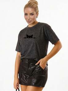 Women's T-Shirt 100% Cotton Minimalist Kitten Print – Basic Premium Comfortable Casual - 混合 - 查看 2