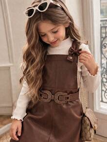 Girls' Outfit Set - Blogger Style - Faux Leather Jumpsuit With Blouse - Rỉ Nâu - Xem 3