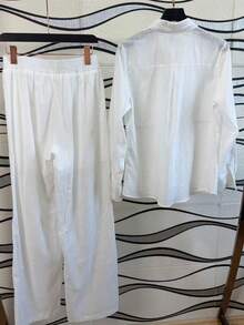 Women's Set Consisting Of A Long-Sleeved Shirt And Lined Linen Trousers. - 白色 - 查看 3