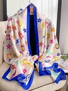 1pc Elegant Faux Silk Scarf With Pentagram Print, Versatile Shawl For Sun Protection, Fashion Accessory For Daily Use,Beach,Holiday - Blue and White - View 6