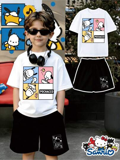 SANRIO [San Rio Licensed]2026 Spring/Autumn New Two-Piece Set For Boys. Cute Design With Letter And Pa Cha Dog Elements. 100% Cotton, Comfortable And Casual Round Neck Short-Sleeved T-Shirt And Shorts Set. Summer Fashion, Slightly Stretchy, Suitable For Boys' Daily Wear. Perfect For Spring And Autumn, Ideal For Outdoor Play, And A Great Birthday Gift.
