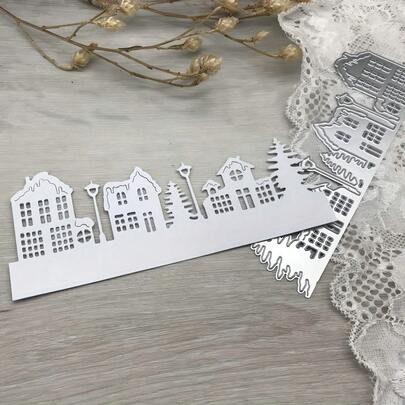 1个神奇金属切割模具 - 精致的圣诞树和房屋图案，适用于DIY纸艺、剪贴簿和卡片制作，切割精准，易于脱模