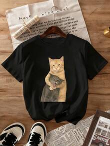 Short-Sleeved T-Shirt With Funny Cat Sticker Print, Women's T-Shirt, Women's Everyday Wear, Retro Black T-Shirt, Women's Clothing, Casual - 黑色 - 查看 3