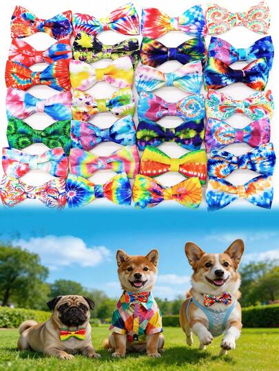 4pcs Tie-Dye Bowknot Pet Collar Accessories, Suitable For Medium & Small Dogs & Cats, Decorative Accessories For Party, Birthday, Photo Shoot, Random Style