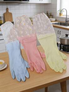 1 Pair Daisy Floral Pattern Jelly Color Household Gloves, Waterproof PVC Dishwashing And Laundry Gloves, Kitchen Cleaning Tool, Household Cleaning Supplies, Indoor Decor, Can Prevent Oil, Garbage, Detergent, Suitable For Kitchen, Travel, Restaurant, Mother's Day Family Gathering, Home Gifts - Multicolor - View 10