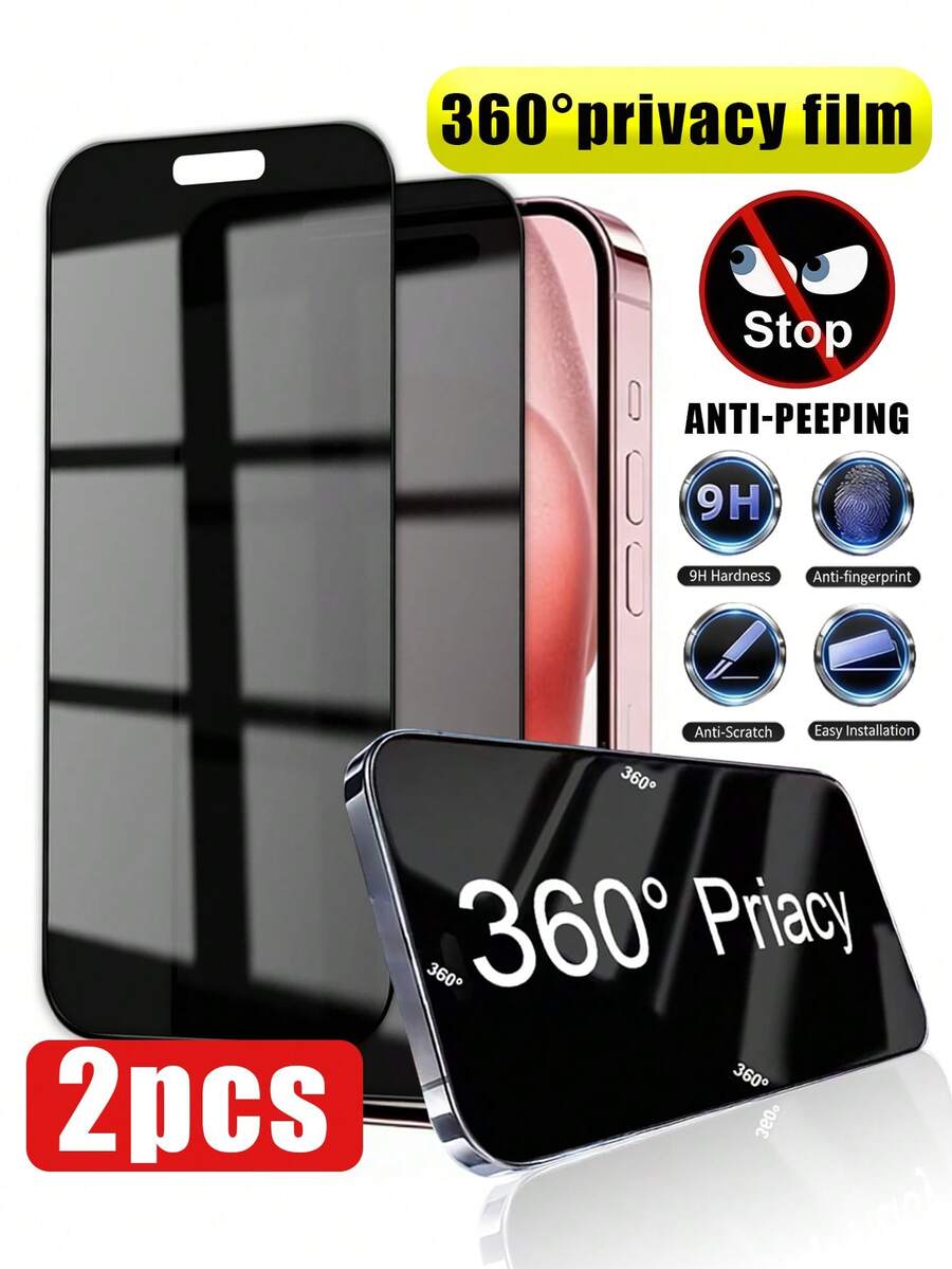 2片装360°隐私钢化玻璃屏幕保护膜，四边隐形，有效保护您的隐私，高硬度钢化玻璃防刮防撞，兼容 11/12/13/14/16/16 Plus/16 Pro/16 Pro Max/15/15 Pro/15 Plus/15 Pro Max/17/17 E/17 Air/17 Pro/17 Pro Max - 黑色 - 查看 1