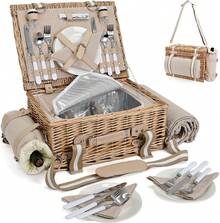 31Pcs Picnic Basket Set 4 With Insulated Liner And Waterproof Blanket Wine Pouch, Large Wicker Picnic Hamper Camping,Outdoor,Valentine Birthday Couples - Natural for 4 People - View 2