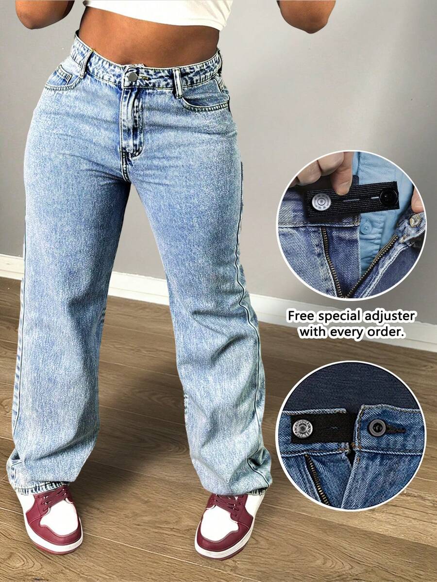 Women's Pocket Straight Loose Casual Versatile Jeans - Rửa nhẹ - Xem 1