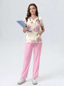 cimmuovere Women's New V-Neck Short Sleeve Top With Heart Print And Pockets, Paired With Pink Straight Leg Pants 2 Piece Set, Spring/Summer Scrubs Nurse Scrubs Workwear Dentist Healthcare Pet Hospital Laboratory Outfit, Valentine's Day - Pink - View 5